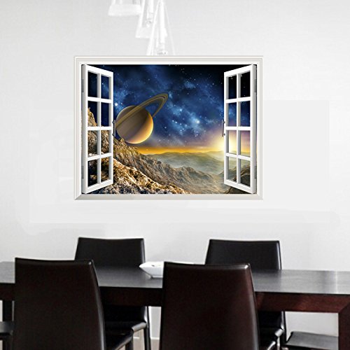 DNVEN 34 inches x 22 inches Space Porthole Window Milky Way Galaxy 3D Window View Wall Arts Decals Decors Removable Stickers Galaxy Space Planets