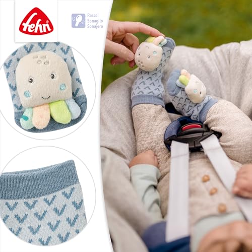 Fehn 054361 - Calcetines mullidos con pulpo y sonajero para bebé, fomenta la motricidad y los sentidos, para bebés de 0 a 12 meses, talla: 12 cm - imagen 4