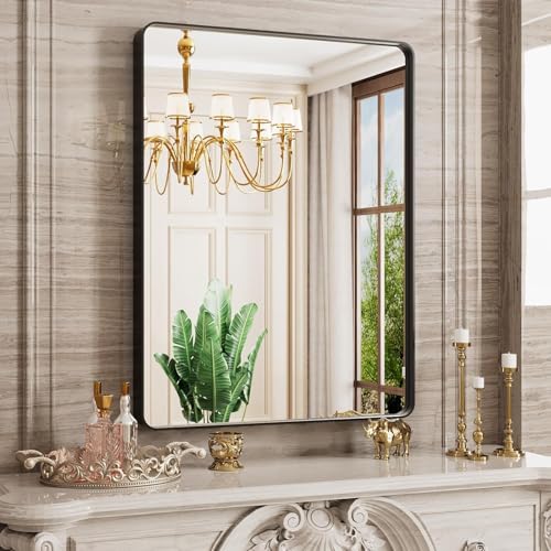 JISOSO Black Bathroom Mirror 28X36 Inch, Black Metal Framed Mirror for Wall, Rounded Rectangle Matte Bathroom Vanity Mirror with Tempered Glass, Anti-Rust, Horizontal/Vertical by JISOSO - Used condition - US$52.32