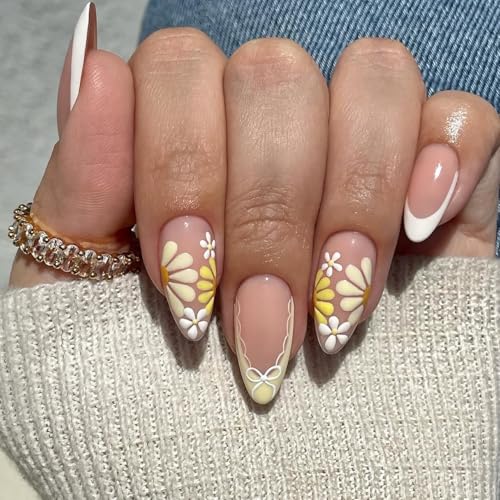 Flower Yellow Press on Nails Medium Almond White Yellow French Ti...