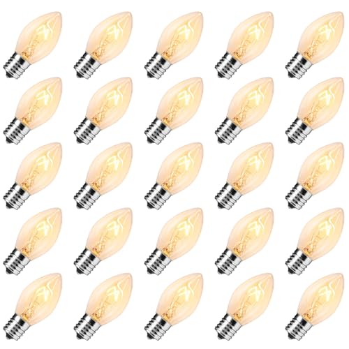 25 Pack C7 Clear Christmas Bulbs Replacement Light Bulbs for C7 E12 Base Christmas String Lights, Classic Christmas Bulbs for Night Lights Holiday Party Indoor Outdoor Garden Backyard Cafe Decoration