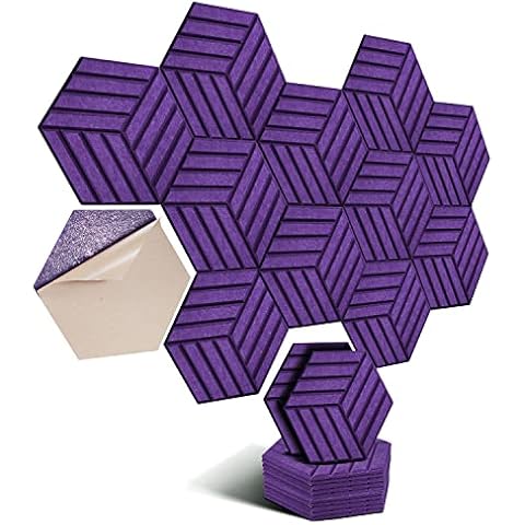 Hexagon Acoustic Plates Self-Adhesive Pack of 12 I Sound Absorber Sound Insulation with High Density for Walls Ceilings Wood & Door,Acoustic Panel Sound Insulation Panels 30x26x0.9 cm, Stripes, Purple Cover