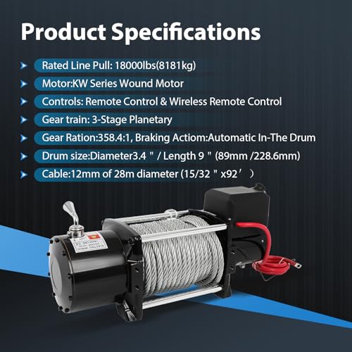 Winch Eléctrico 18000lbs 12V con Control Remoto miniatura 4