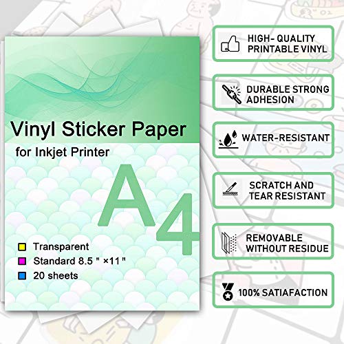Printable Vinyl Sticker Paper For Inkjet Printer - Transparent Clear - 20 Self Adhesive Sheets - Waterproof Decal Paper - Standard Letter Size 8.5"X11" (20 Sheets, Transparent) #TOP1