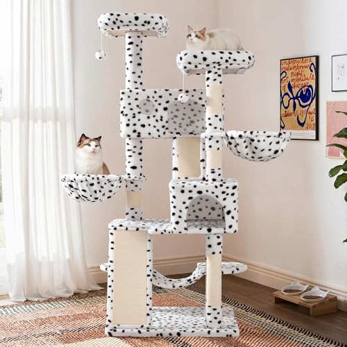 Image of SHA CERLIN 65in Larger Cat Tree Tower Condo for Indoor Kitties /Multi-Level Furniture Activity Center with Wide Base /Cozy Plush Perches /Baskets /Sisal Scratching Posts and Hammock /White & Black Spot