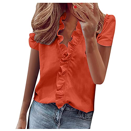 Masrin Damenoberteile Mode Elegante Rüschenbluse Sommer Einfarbig T-Shirt Tiefer V-Ausschnitt Kurzarm Schlanke Tunika Büro Party Wear(S,Orange)