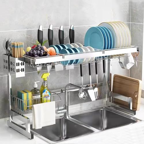 ZHNANDAMAI Escurridor De Platos De Cocina De Almacenamiento Grande, Escurridor De Platos De Acero Inoxidable De 2 Niveles, para Organizador De Mostrador De Cocina con Soporte para Utensilios