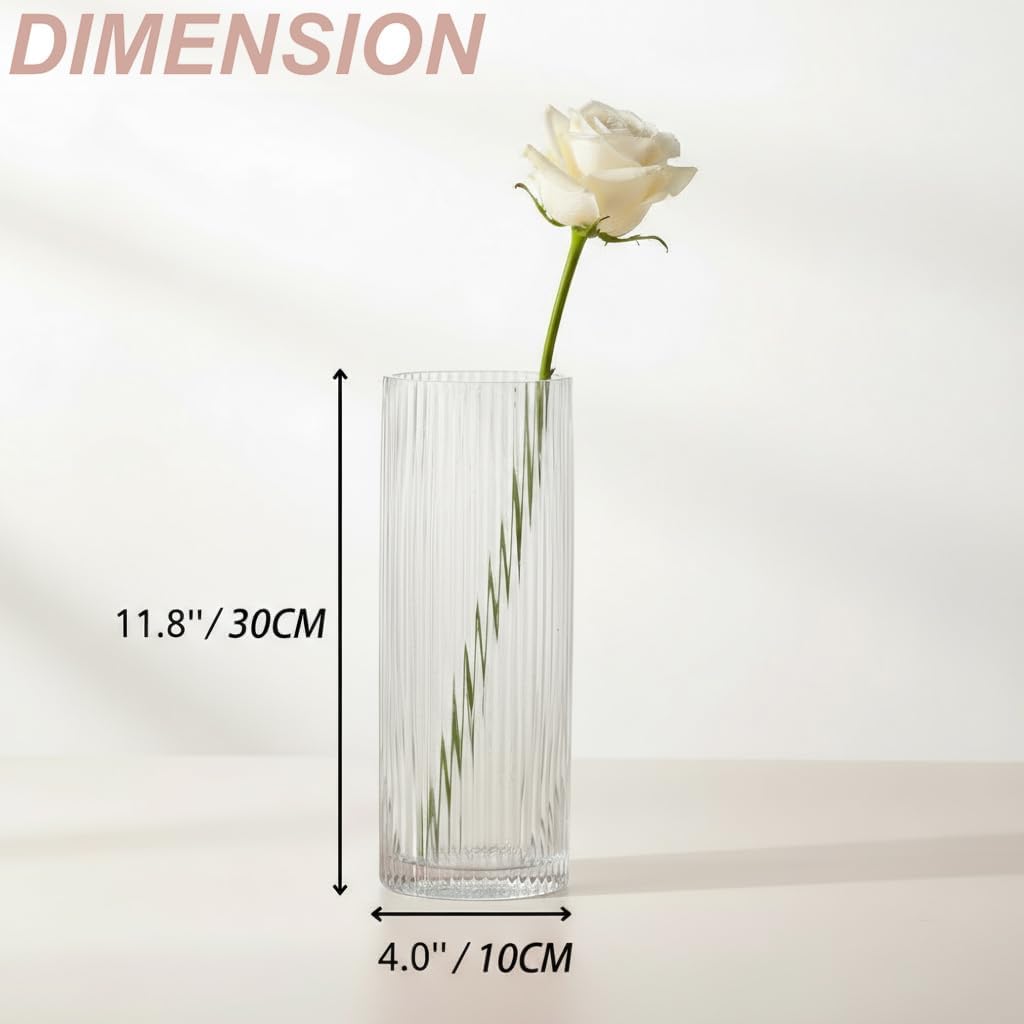 Clear Glass Vase, Glass Flower Vase, Ribbed Glass Vase, Clear Vase, Tall Cylinder Glass Vases for Centerpieces, Living Room, Dining Table, Office, Wedding, Bookshelf Decoration, 12 Inches