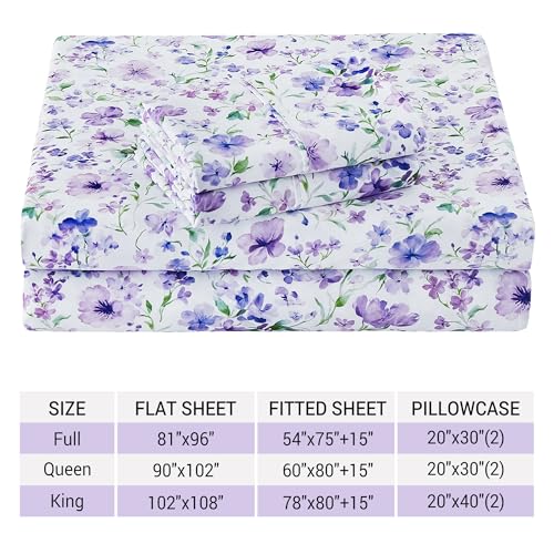 Image of Viviland Floral King Sheet Set - 4 Piece Vintage Lavender Flower and Leaves Patterned Bed Sheets - Soft, Breathable Microfiber Sheets with Deep Pocket, Non-Slip Fitted Sheets & Pillowcases