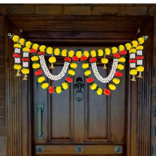 Image of iHandikart Handmade (40 * 12 Inch) Jasmine & Marigold Bandanwar with Green Leaves and Golden Bells Traditional Door Bandanwar for Makar Sankranti, Lohri, Festive Home & Housewarming Decor (B0070)