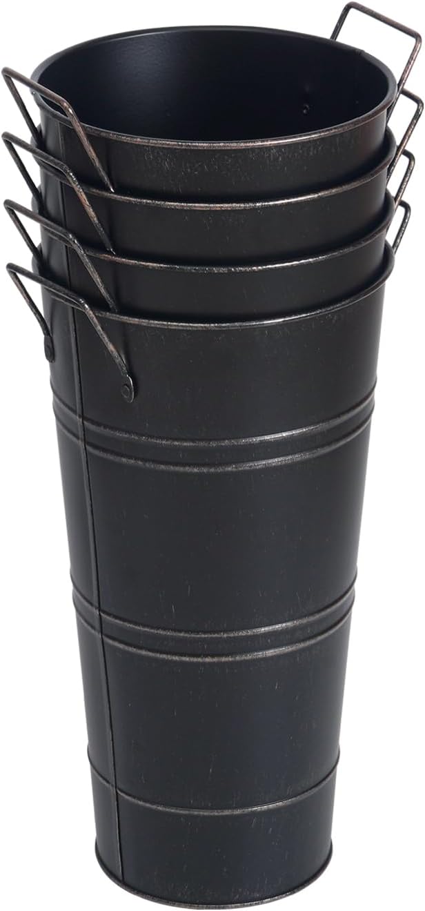 Galvanized Metal Vases 10.6 Inch Set of 4 Rustic-Style French Farmhouse Bucket/Pots for Home Decor Flower Cut Art and Wedding Table Floral Arrangements Centerpiece Decorations (Black)