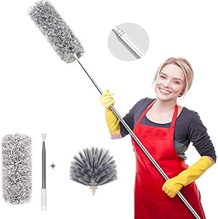 Feather Duster Cobweb Brush Extendable Pole Up to 100", Bendable Microfiber Duster for Cleaning Ceiling Fan, High Ceiling High Window Sills, etc. (105In)
