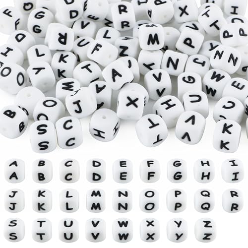 Kovict 78Pcs 12mm Letter Silicone Beads for Keychain Making White Alphabet Square Silicone Letter Beads for Bracelets Necklace Pens DIY Decoration