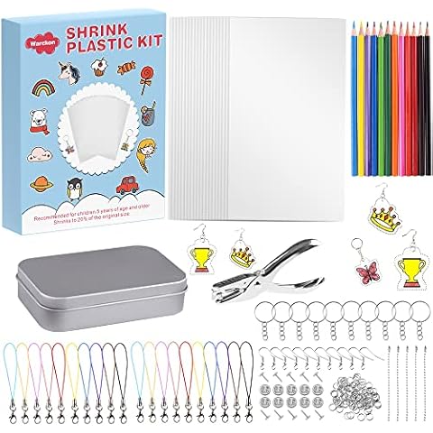 Warckon 200 Pieces Shrink Plastic Sheet Kit Include 20 Blank Sheets Shrinky Art Paper,Hole Punch,165 Keychains Accessories,12 Colored Pencils for Kids DIY Ornaments Creative Handmade Craft Cover