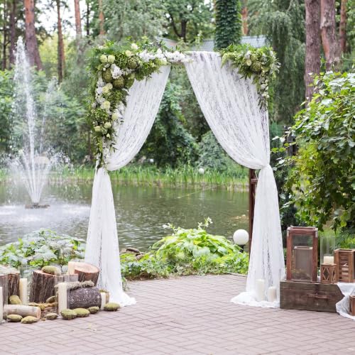 Image of HunnmingRe 1 Panel White Wedding Arch Draping Fabric Summer 30 inch X 18 FT Lace Wedding Arch Drapery Embroidered Boho Rustic Backdrop Vintage Decor for Bridal Shower Church Ceremony Decoration