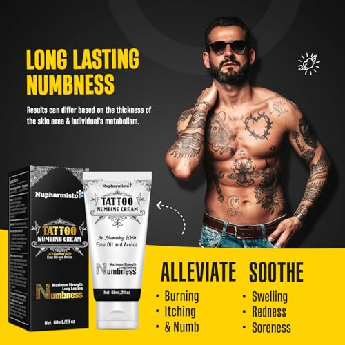 Nupharmisto 6 Hours Maximum Strength Numbing Cream Tattoo (2oz/ 60ml), Tattoo Numbing Cream for Tattoos Extra Strength with 5x Numbing, Emu Oil and Arnica. 2oz/ 60ml