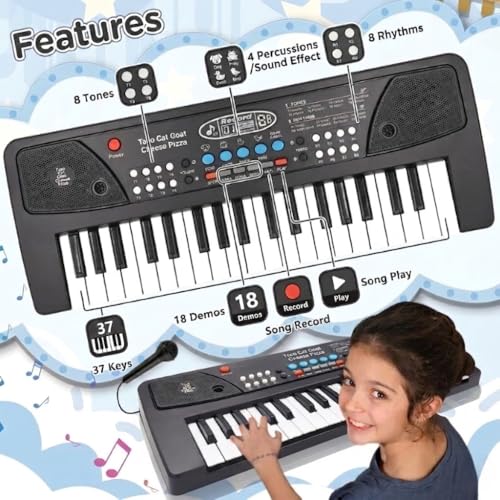 Image of Kids Piano Keyboard with Mic 37 Keys 8 Rhythms 8 Tones 6 Demos Portable Electronic Keyboard Toy Beginners Educational Songs Recording Musical Toys 2 3 4 5 Years Boys Girls