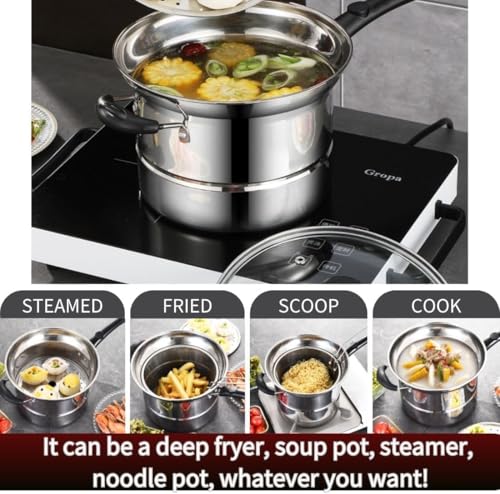 Image of 18 /10 Stainless Steel, 4 Piece Pasta Pot with Strainer Insert, StockPot with Steamer Basket and Insert, Set with Glass Lid