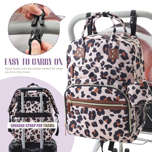 Image of Tuwubi Diaper Bag Backpack, Baby Essentials Travel Tote Bag, Multi function Waterproof Backpacks, Travel Essentials with Stroller Straps & Pacifier Case - Leopard Print