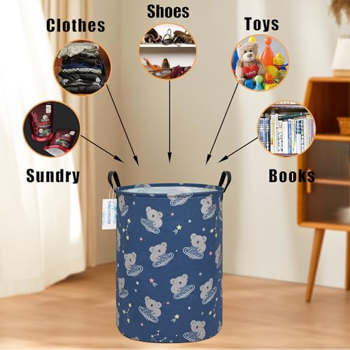 Image of Round Laundry Basket Collapsible Storage Hamper Organizer Space Koala | Waterproof Canvas Foldable Baskets with sturdy Handles Multi-scene Organizer for Home Play Bedroom Gift Bin