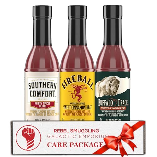 Product Image of the Bourbon Whiskey Flavored Hot Sauce Gift Basket Variety 3 Pack by Rebel Smuggling Galactic Emporium