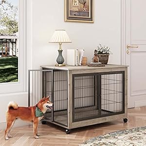 IchbinGo Wooden Dog Crate Furniture, 38.5" Dog Kennel with 3 Doors, Flip-up Top Opening and Wheels, Decorative Pet Crate Dog House for Large/Medium/Small Dog Indoor Use (Rustic Grey) IchbinGo Wooden Dog Crate Furniture 385 Dog Kennel with 3 Doors Flip up Top Opening and Wheels Decorative Pet Crate Dog House for LargeMediumSmall Dog Indoor Use Rustic Grey