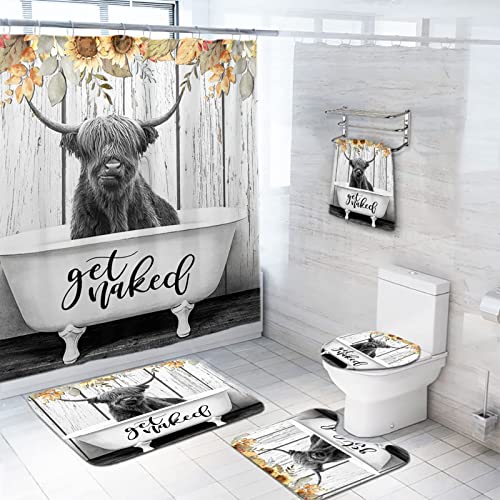 5 Pcs Cow Shower Curtain Set With Rugs And Accessories Funny Bull Longhorn Cattle Bathroom Accessory Set Include Towel, Non-Slip Rug, Contour Rug And Toilet Lid Cover, Shower Curtain With 12 Hooks #TOP1