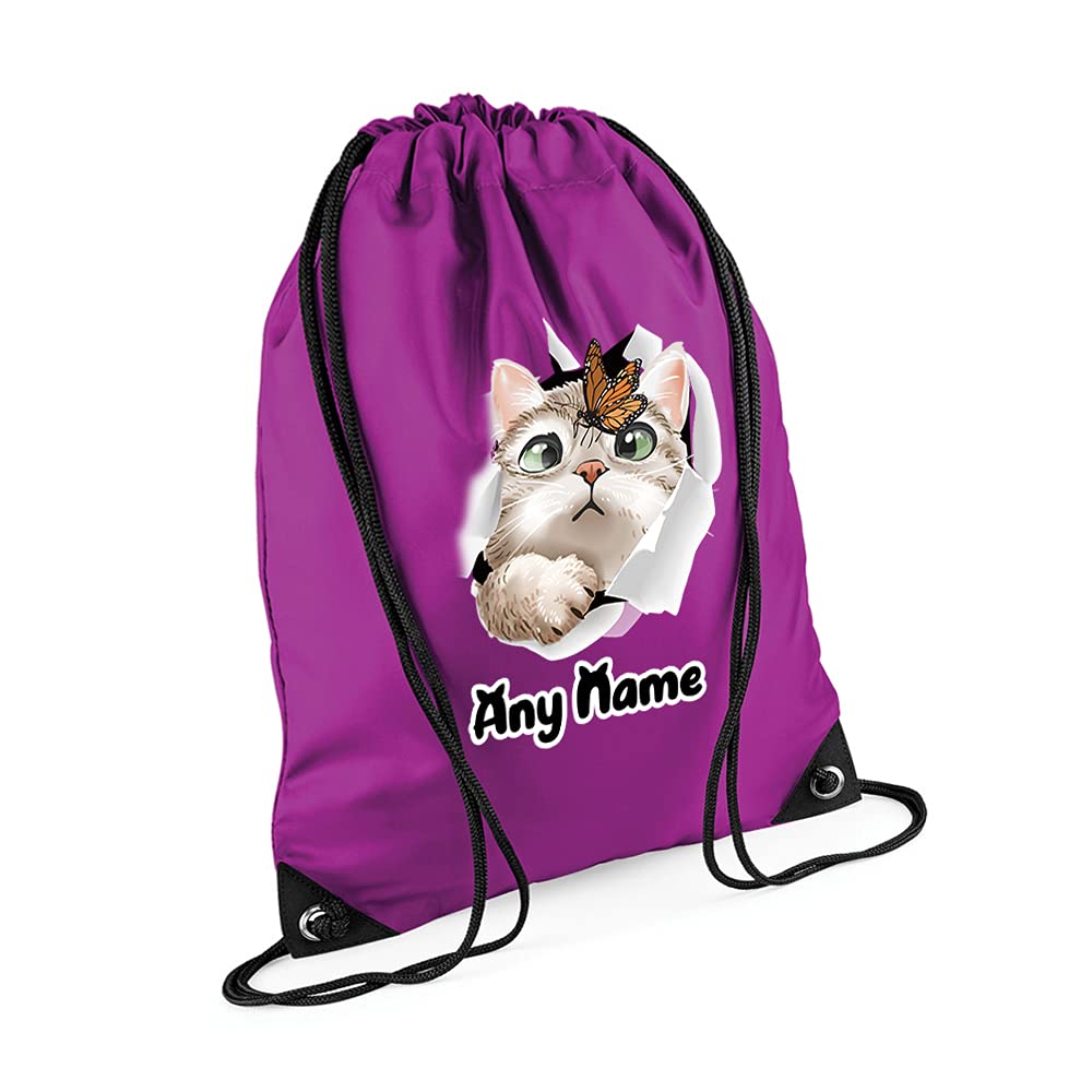Giftme Unisex Kids Magenta Personalised Butterfly On Cat Face Hidden Cat Funny Kitten Cat Birthday Gift Drawstring Bag, Pe Gym Kit, Swimming Rucksack. (Magenta)