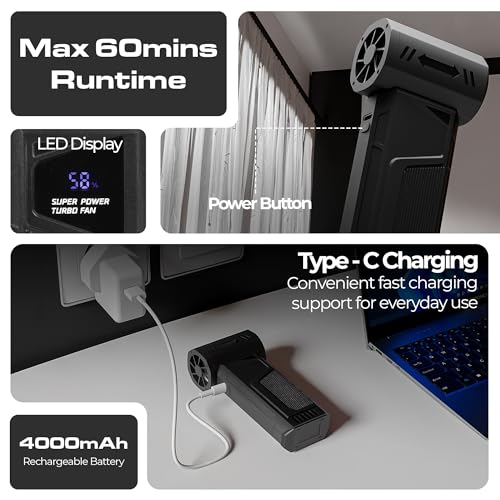 Image of Zebronics AIRGUN 700 Handheld High Speed Air Duster, Upto 60mins Runtime, 100000 RPM Motor, 35m /s Airflow, 4 Speed Modes, 4000mAh Battery, Digital Display, LED Light, Precision Nozzles, Compact Design
