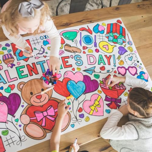 Tiny Expressions Giant Coloring Poster for Kids, Happy Valentine's Day - Rolled, No Creases 30' x 72' Coloring Table Cloth for Kids Activity - Valentines Day Crafts