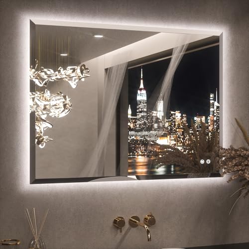 Keonjinn 40 x 30 Inch Backlit Mirror Bathroom, Frameless LED Mirror Beveled Edge, Safe Tempered Glass, UL-Listed, Anti-Fog, 3 Color Lights, Dimmable, Light Up Bathroom Wall Mirrors for Over Sink