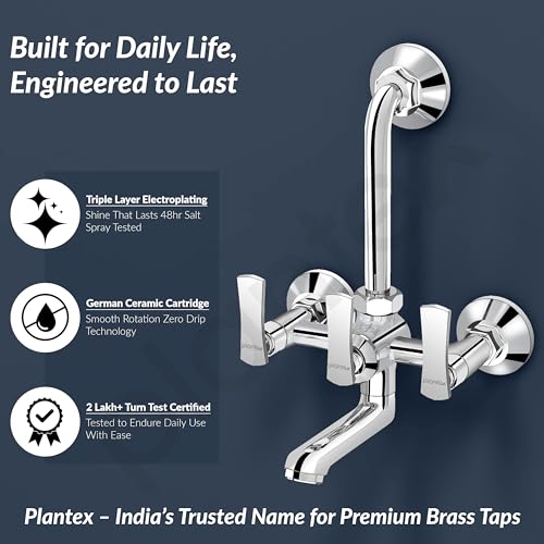 Image of Plantex 2 in 1 Wall Mixer for Bathroom /Mixer L-Bend Provision for Overhead /Mixer Tap for Bathroom with Water Saving Nozzle and Wall Flange (3515, Chrome)