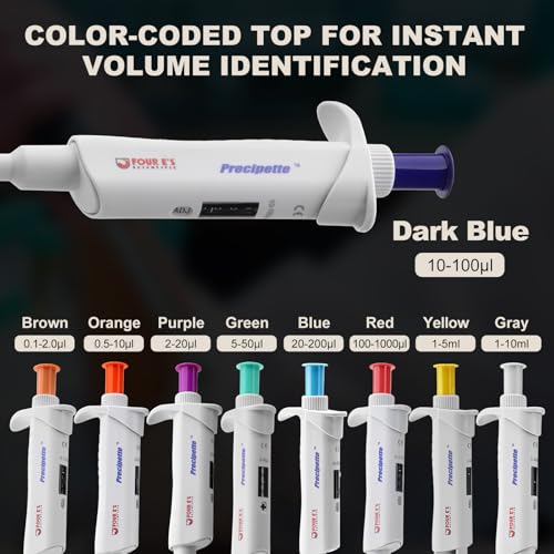 Image of 4E's USA Lab 10-100μL Pipette: Single-Channel Adjustable Micropipette with Color-Coded Top (Dark Blue), 4 Digit Display, Universal Tip Cone, High Accuracy, ISO8655 Calibrated & Lower Part Autoclavable