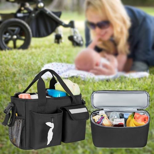 GRAOSO Universal Stroller Organizer with Cooler, Wagon Storage Attachment Fits for Handlebars Distance 14”-22”, with 2 Side Buckle Strap & Back Magic Tape Loops, Easy Carrying Handle Strap, Black