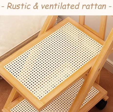 Multi-Layer Wood Storage, Mobile Ladder Shelf with Rattan Countertop,Coffee cart,Foldable Sofa Side Table with Wheels,Living Room Bedroom Kitchen,Yellow,2Layer