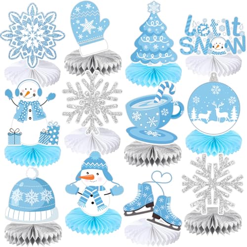 12 PCS Winter Honeycomb Centerpieces, Winter Party Decorations Snowflake Table Centerpieces Decorations for Winter Wonderland Snowflake Christmas Birthday Party Supplies