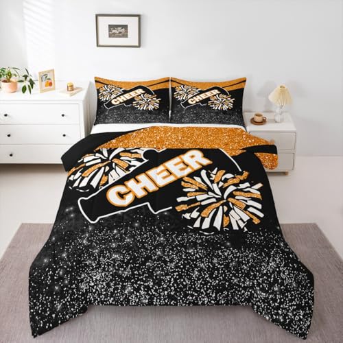 Image of Feelyou Orange Glitter Cheer Comforter Set Toddler Size Dreamy Girly Gymnastic Sports Comforter for Kids Boys Girls Gymnastics Lovers Bedding Set Cheer Sports Duvet Set Room Decor Quilt Set