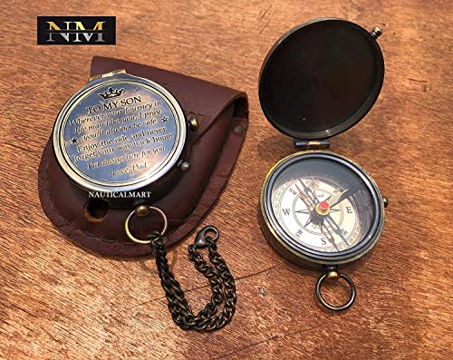 Brújula de latón grabada con estuche de cuero miniatura 5