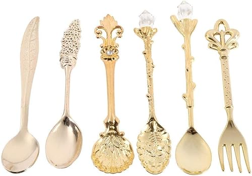 Juego de 6 cucharas de café vintage, mini cuchara dorada para servir postre para helado y bar en casa, 4.5 x 0.7 pulgadas