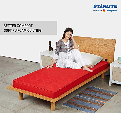 Image of Sleepwell Starlite Discover 4-inch Single Bed Size, Firm- PU Foam Mattress (Red, 75x30x4)