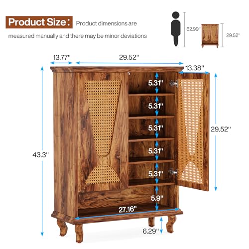 LITTLE TREE Rattan Shoe Cabinet for Entryway, 5-Tier Large Hidden Shoe Organizer Cabinet with Ventilated Doors, Modern 25-Pair Shoe Rack Closet Organizer Shoe Storage Cabinet for Bedroom