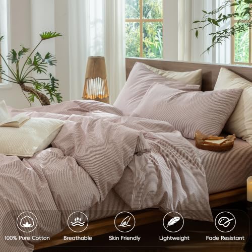 Image of MooMee Striped Duvet Cover Set 100% Washed Cotton Linen Like Queen | Relaxed Linen-like Texture. Soft, Breathable & Long-lasting Comfort. Lightweight. Hidden Zipper with 8 Interior Corner Ties