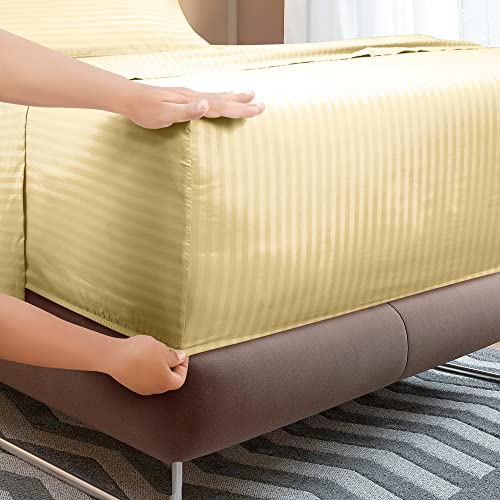 Image of ROYALE LINENS 4 Piece Cal King Sheets Set - Soft Brushed Microfiber Bedding - 1 Fitted, 1 Flat Sheet, 2 Pillow Cases - Wrinkle Free & Fade Resistant - Hotel Luxury Bed Sheets (Stripe Sand, Cal King)