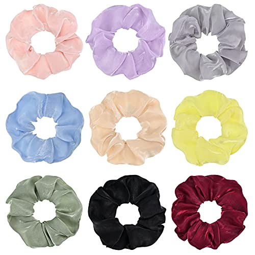 9 Packs Scrunchies Hair Ties for Women and Girl Large Oversize Hair Silk Satin Elastic Hair Ties Solid Color Scrunchies Ponytail Holder Scrunchies Ropes Bobbles Hair Accessories Great Gift for Holiday