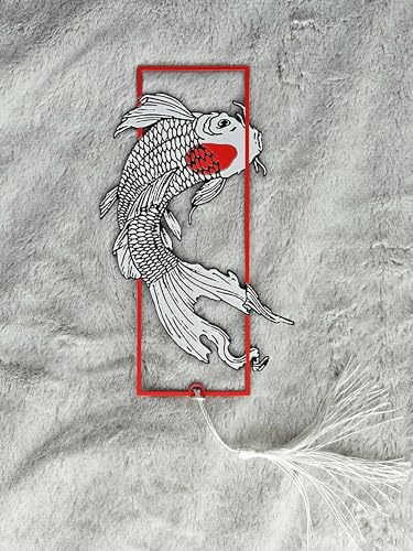 Image of 3D Koi Fish Bookmark | Japanese Inspired Art Bookmark | Bioplastic, Eco-Friendly | White & Red Koi with Tassel | Gift for Book Lovers & Readers | Unique 3D Effect