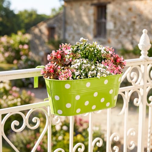 Image of TrustBasket Dotted Oval Railing Planter Basket - Green (Set of 5) | Heavy-Duty UV Stabilized Metal Flower Pots for Railings, Fence & Balcony, Indoor Outdoor Herb, Flower & Decorative Plants