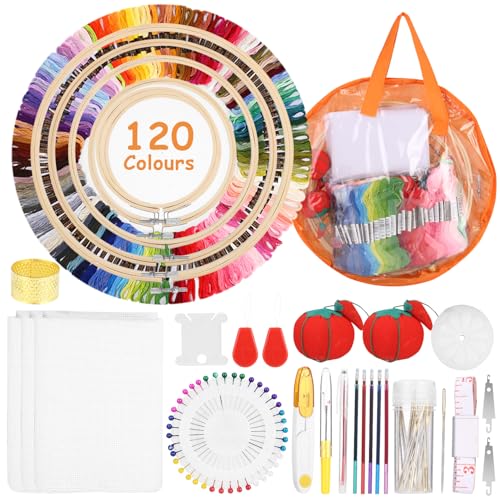Qixora Kit Bordado, Embroidery Kit con 120 Colores de Hilo, Kit de Bordado con 3 Telas Blancas Aida, 5 Aros de Bordado de Bambú, Kit de Inicio Punto de Cruz Ideal para Adultos y Niños Principiantes