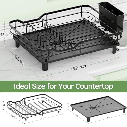 ROTTOGOON Dish Drying Rack, Stainless Steel Rustproof Dish Rack for Kitchen Counter, Sturdy Dish Drainer with Drainboard, Drainage, Utensil Holder for Various Kitchenware, 16.2"(L) x 12.6"(W), Black - Thumbnail 4