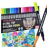 Markers for Adult Coloring Books No Bleeding, 24 Colors Dual Markers Water-based, Dual Tip with Fine Tip and Brush Tip Pens for Calligraphy, Art Supplies Marker Kit for Drawing Art DIY Crafts
