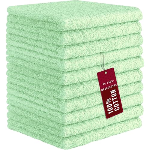 Image of DecorRack 10 Pack 100% Cotton Wash Cloth, Luxurious Soft, 12 x 12 inch Ultra Absorbent, Machine Washable Washcloths, Pale Green (10 Pack)